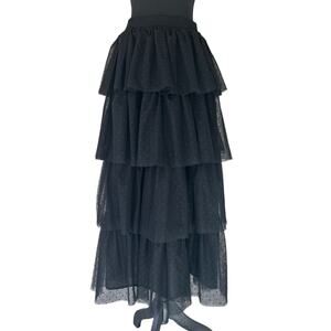 Endless Rose Black Tiered Tulle Midi Skirt Polka Dot Mesh Layered Skirt Size M